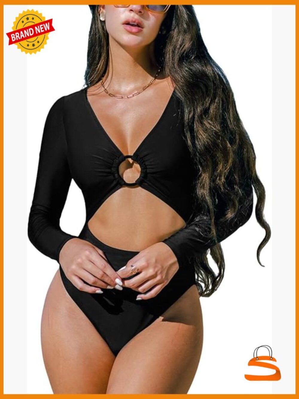 Women's One Piece Rash Guard Long Sleeve Cutout UPF 50+ UV Deep V Neck O-Ring